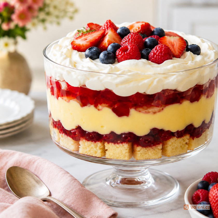Úhledný vrstvený trifle: Britský dezert se servíruje velkou lžicí skoro jako bramborová kaše