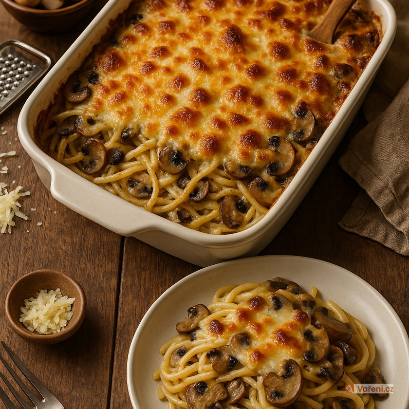Zapečené špagety s houbami a hovězím