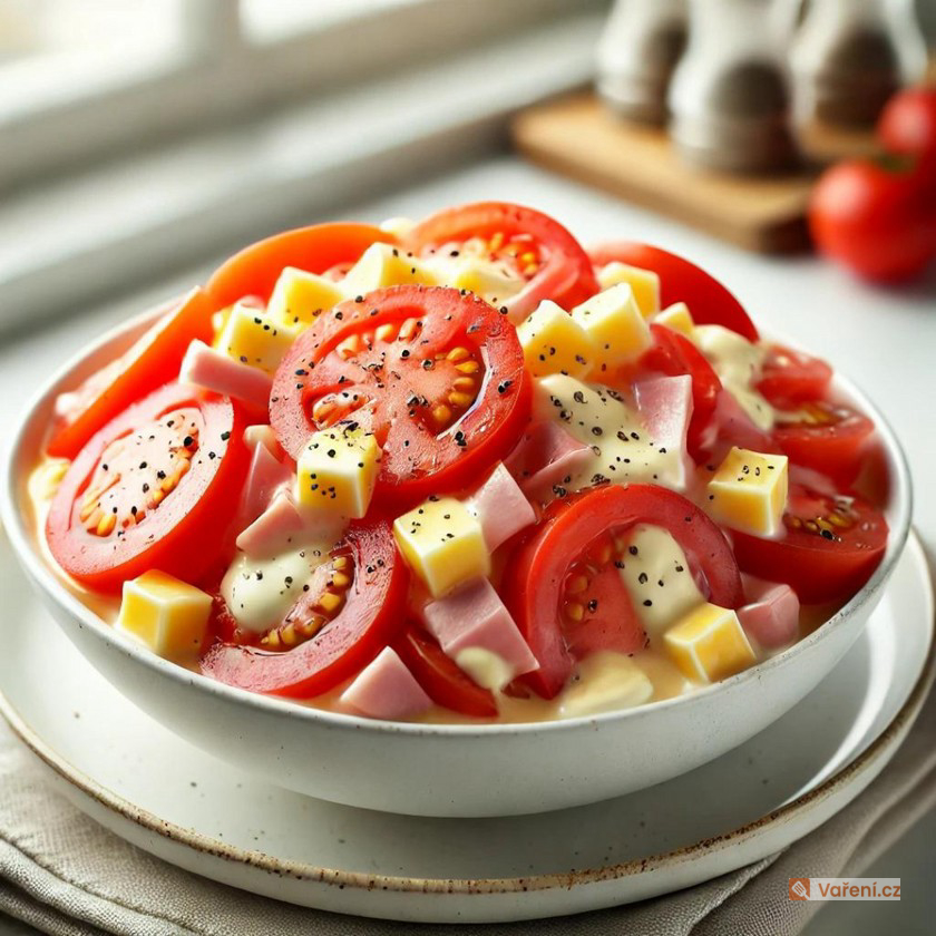 Jednoduchý rajčatový salát se šunkou a majonézou