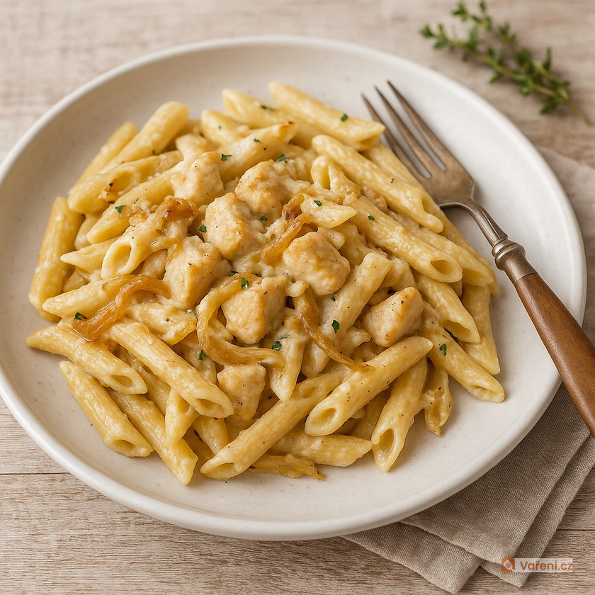 Kuře s karamelizovanou cibulkou a těstovinami