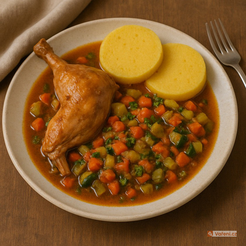 Dušený králík se zeleninou a polentou