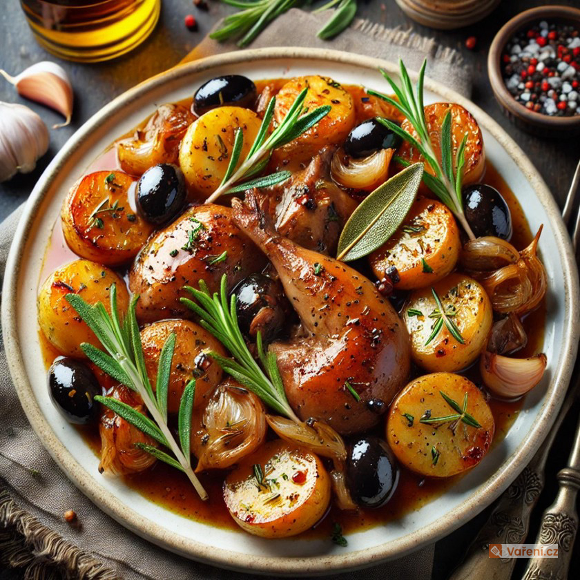 Králičí maso na olivách s rozmarýnovými brambory