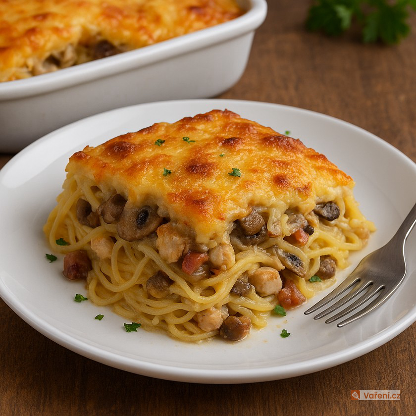 Zapékané špagety s kuřecím masem a slaninou