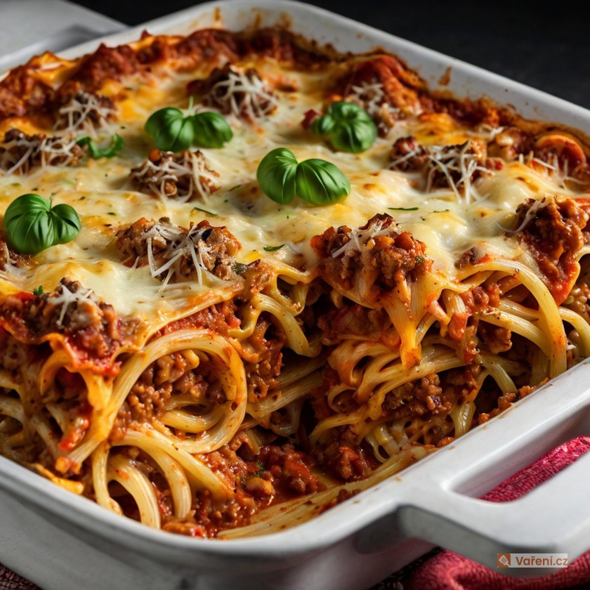 Špagety zapečené s masovo-sýrovou směsí