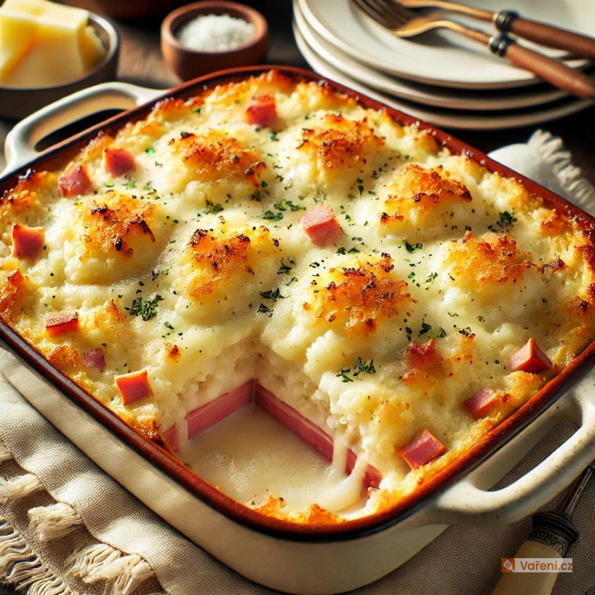 Zapečené brambory se šunkou a mozzarellou