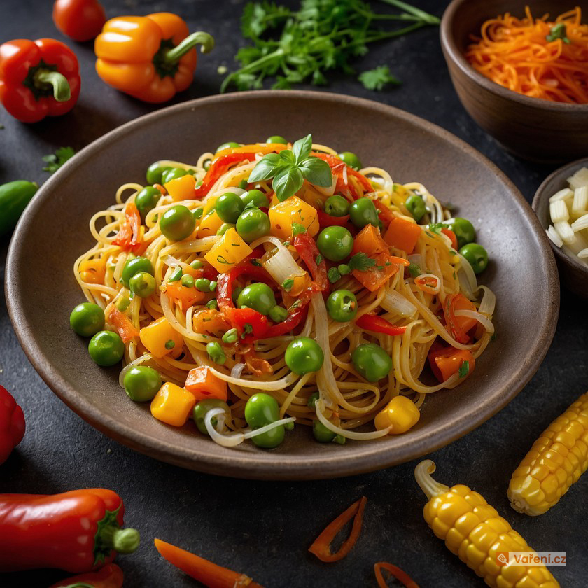 Špagety s krabími tyčinkami a zeleninou