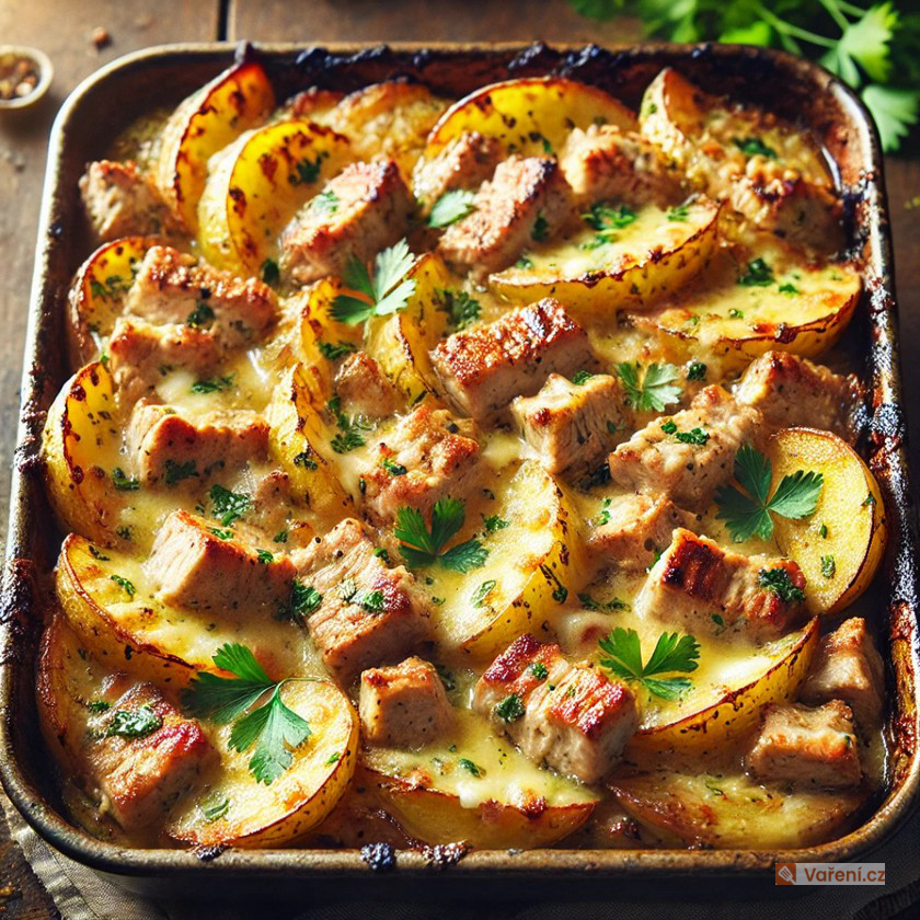 Zapečené brambory s vepřovým masem v koriandrové omáčce