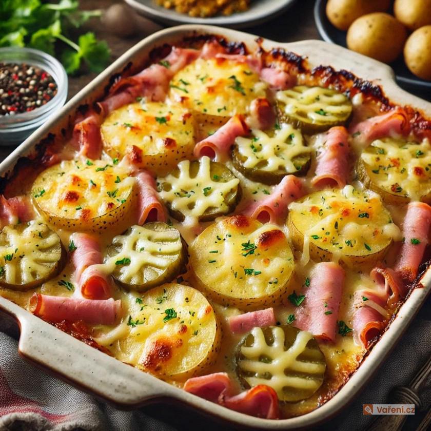 Zapečené brambory se šunkou, okurkou a sýrem